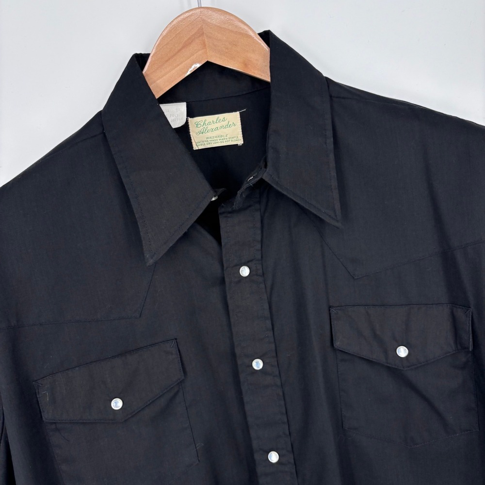 Vintage 70s Charles Alexander Western Pearl Snap Shirt Mens 1X Black Long Sleeve